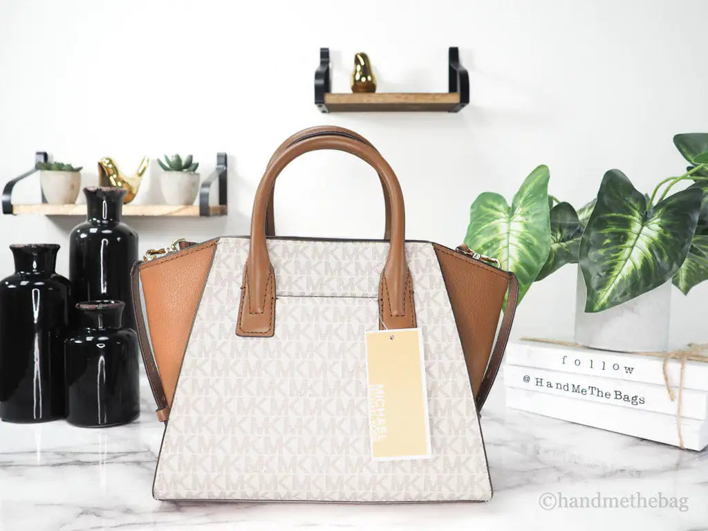 Michael Kors Avril Vanilla Signature PVC Leather Small Zip Satchel Handbag Purse