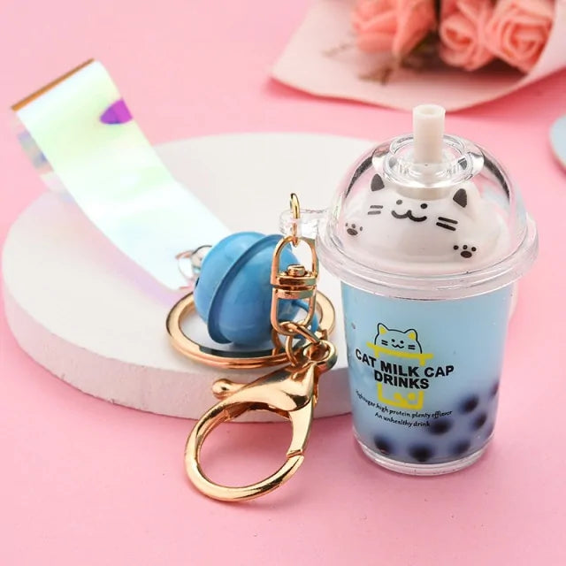 Cute Cat Pearl Milk Tea Cup Key Chain