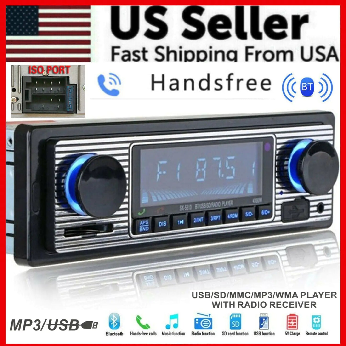 Bluetooth Vintage Car FM Radio MP3 Player USB Classic Stereo Audio Receiver AUX