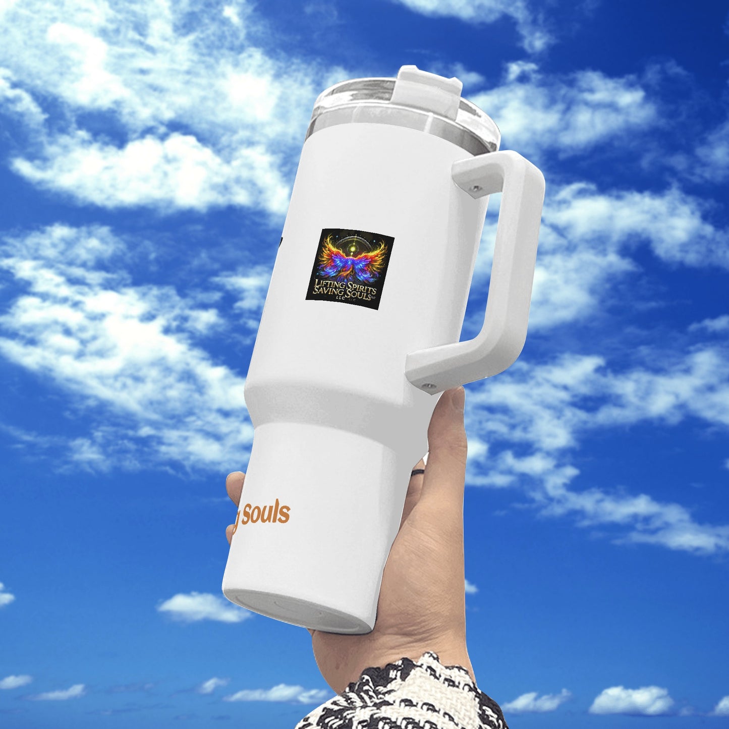 Personalized 40oz Stainless Steel Tumbler Gift With White Handle and Straw