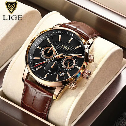 2023 New Mens Watches LIGE Top Brand Luxury Leather Casual Quartz