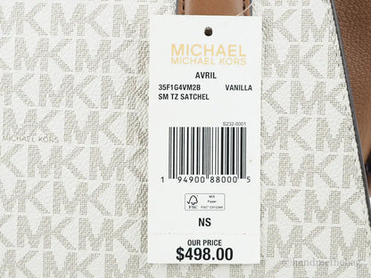 Michael Kors Avril Vanilla Signature PVC Leather Small Zip Satchel Handbag Purse