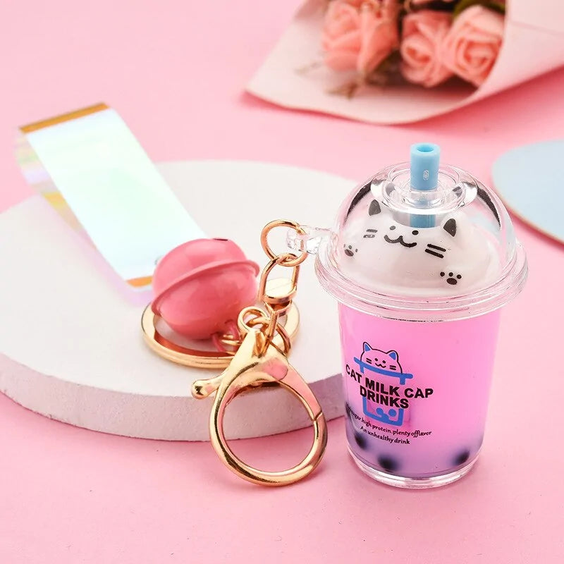 Cute Cat Pearl Milk Tea Cup Key Chain