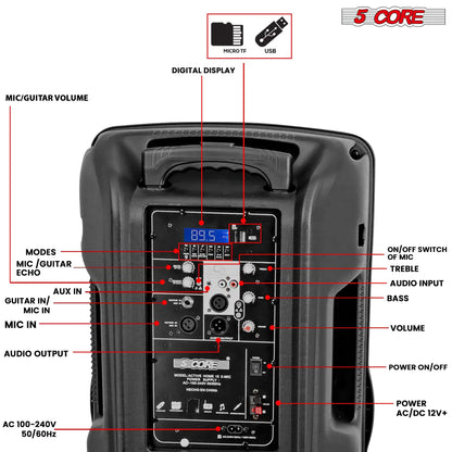 5Core15 inch PA Portable Bluetooth Party Speaker Karaoke Boombox + 2 Wireless Mics