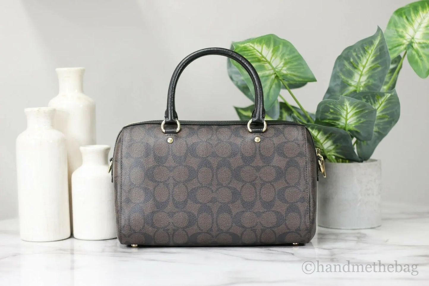 Coach (F83607) Rowan Brown Black Signature Leather Medium Satchel Handbag Purse