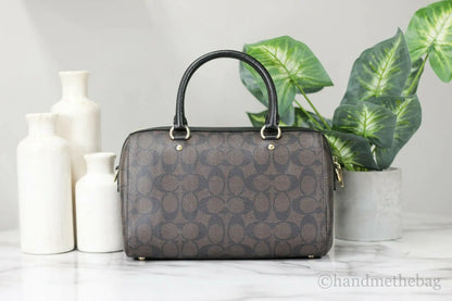 Coach (F83607) Rowan Brown Black Signature Leather Medium Satchel Handbag Purse