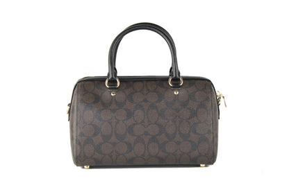 Coach (F83607) Rowan Brown Black Signature Leather Medium Satchel Handbag Purse