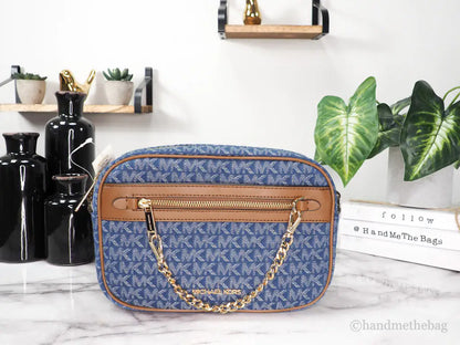 Michael Kors Jet Set East West Denim Signature Zip Chain Crossbody Bag Purse
