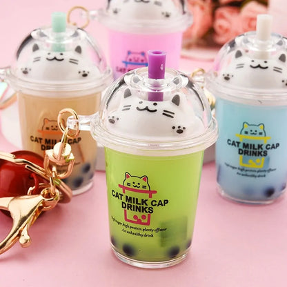 Cute Cat Pearl Milk Tea Cup Key Chain