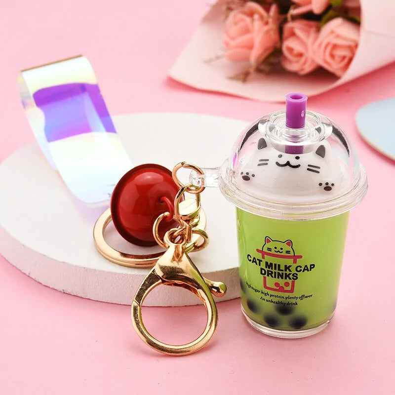 Cute Cat Pearl Milk Tea Cup Key Chain