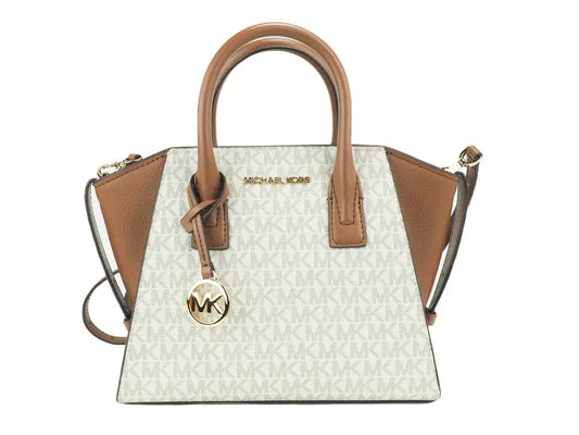 Michael Kors Avril Vanilla Signature PVC Leather Small Zip Satchel Handbag Purse