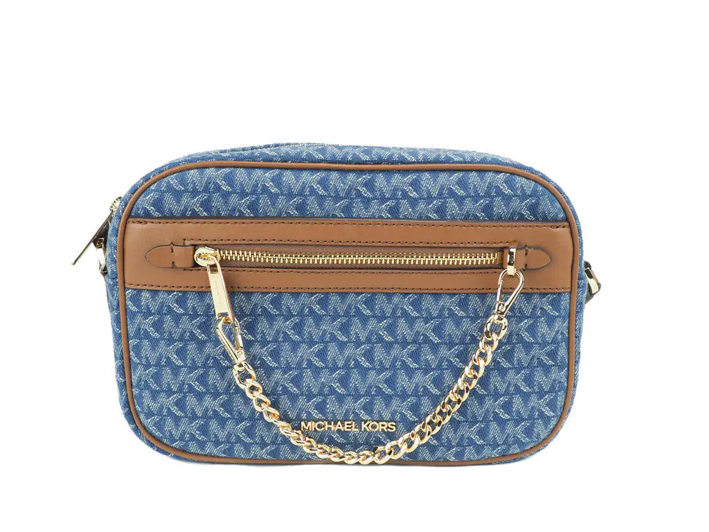 Michael Kors Jet Set East West Denim Signature Zip Chain Crossbody Bag Purse