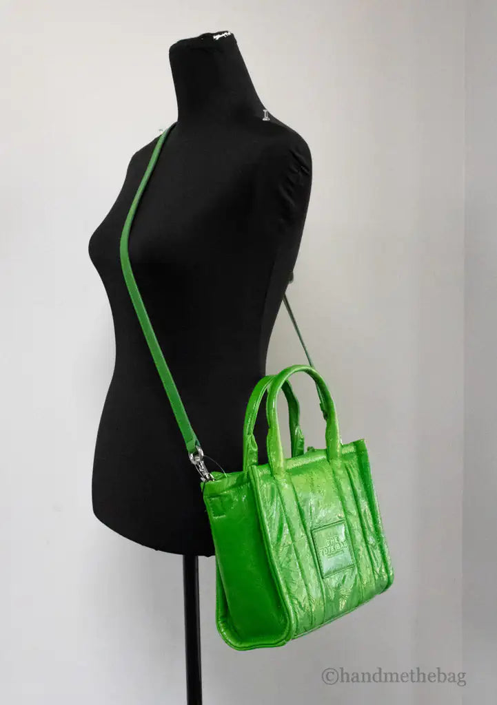 Marc Jacobs The Shiny Crinkle Mini Tote Fern Green Leather Crossbody Handbag Purse