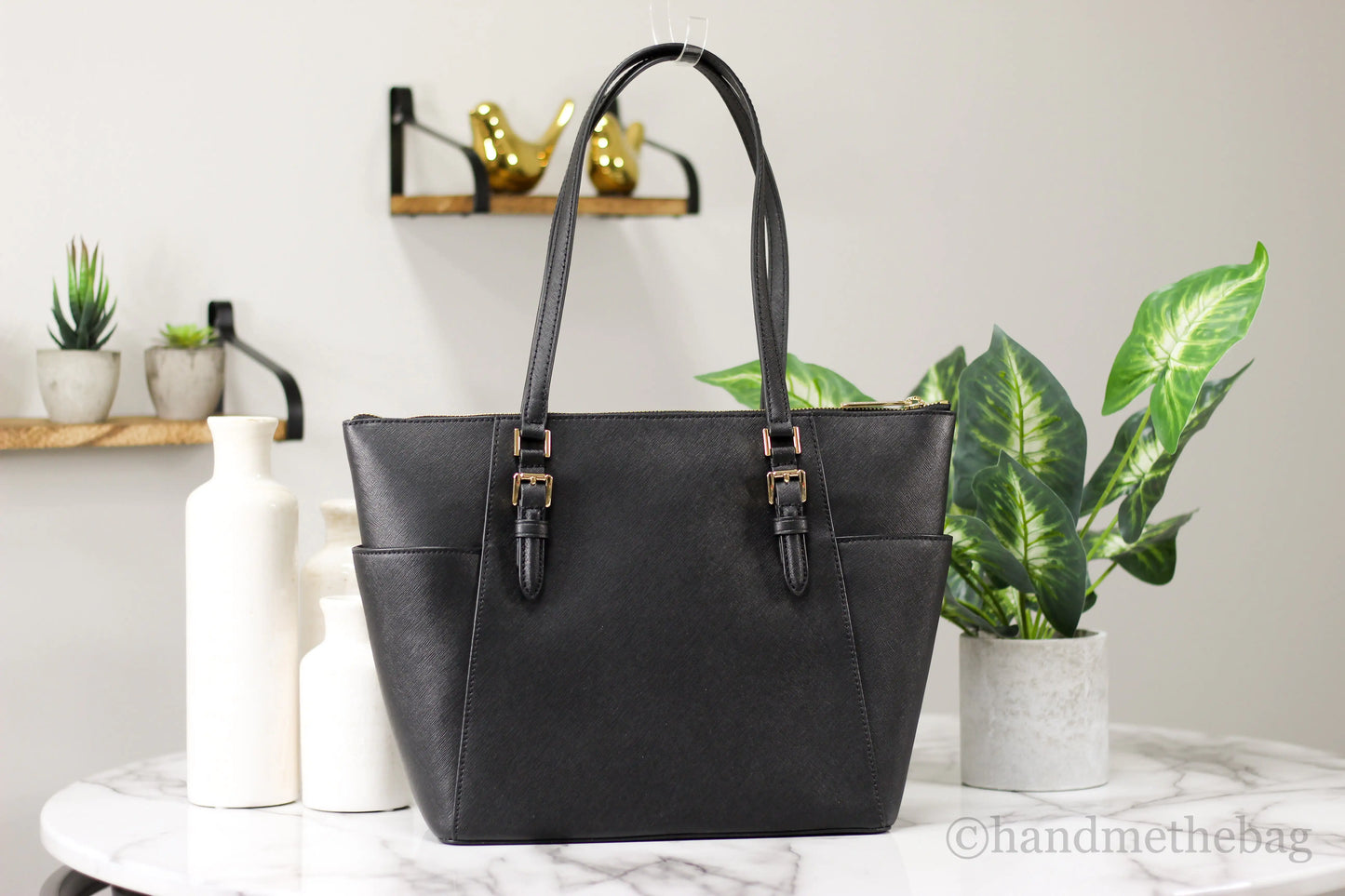 Michael Kors Charlotte Solid Black Leather Large Top Zip Tote Handbag Bag Purse