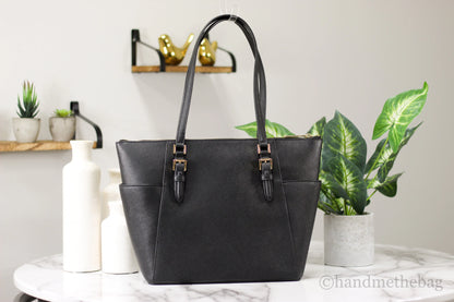 Michael Kors Charlotte Solid Black Leather Large Top Zip Tote Handbag Bag Purse