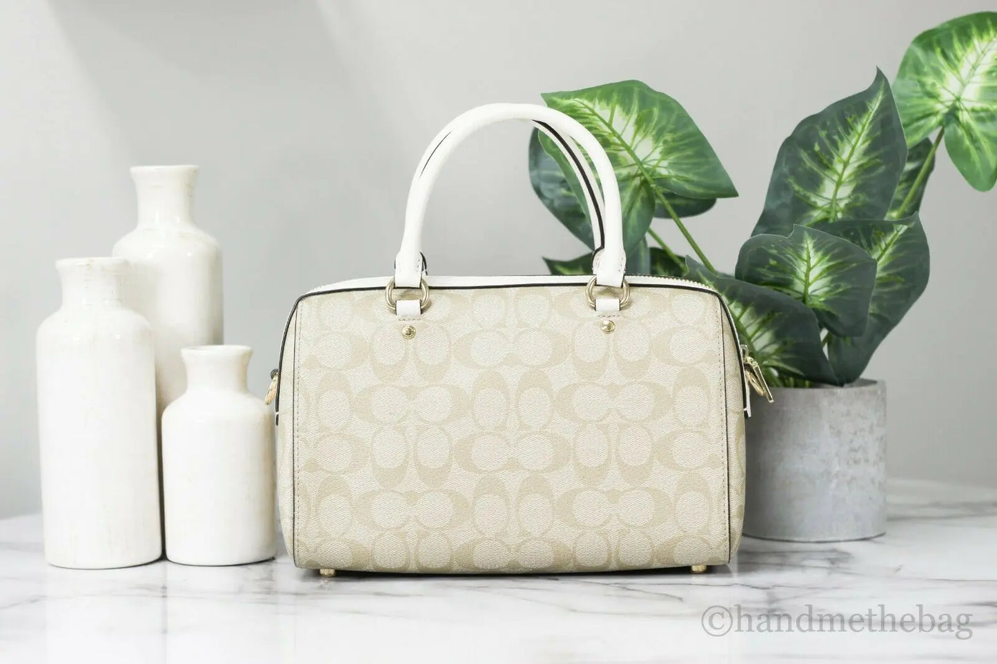 Coach (F83607) Rowan Signature Leather Light Khaki Chalk Medium Satchel Handbag Purse