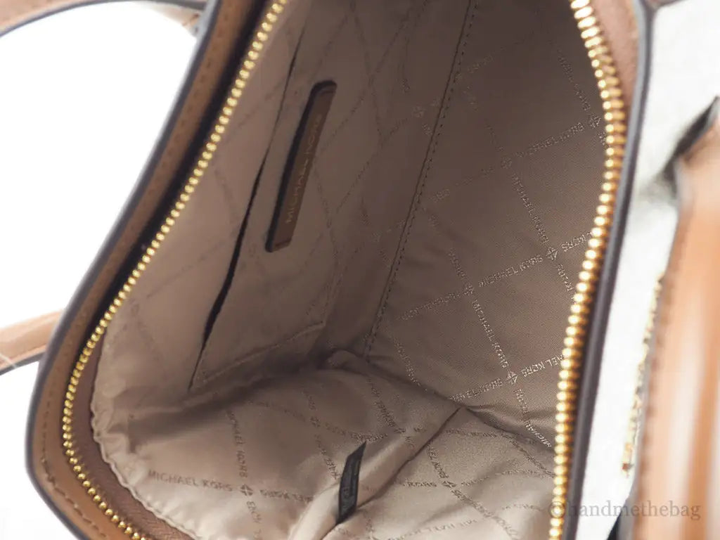 Michael Kors Avril Vanilla Signature PVC Leather Small Zip Satchel Handbag Purse