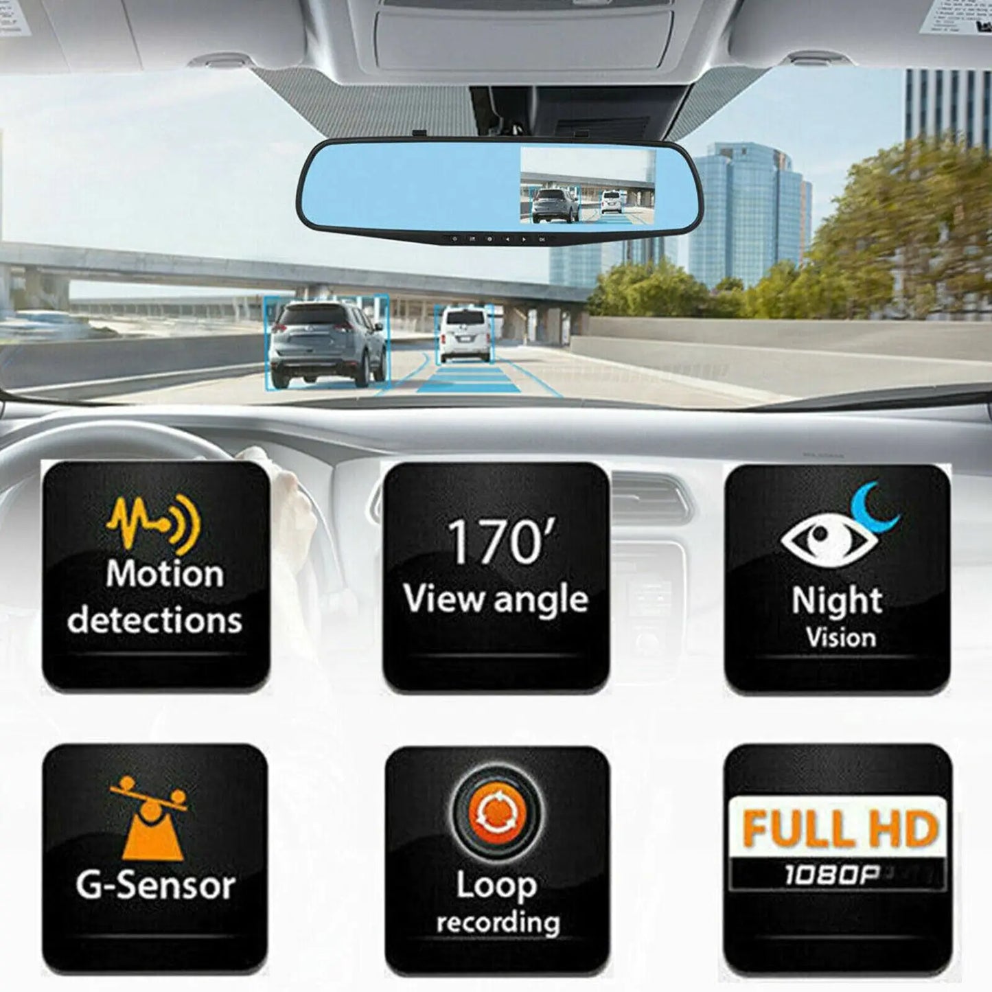 1080P HD Rearview Mirror Car DVR Dual Dash Cam Camera Front Rear Video Recorder