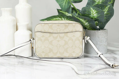 Coach (91677) Signature Light Khaki Chalk Leather Mini Camera Bag Crossbody Handbag