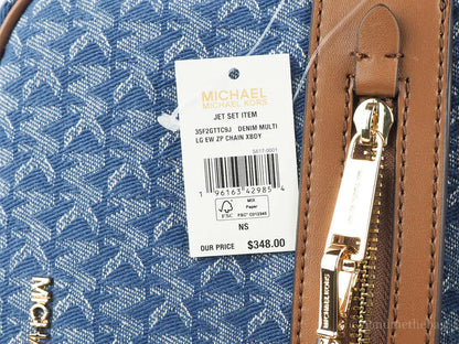 Michael Kors Jet Set East West Denim Signature Zip Chain Crossbody Bag Purse