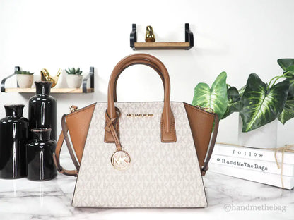 Michael Kors Avril Vanilla Signature PVC Leather Small Zip Satchel Handbag Purse