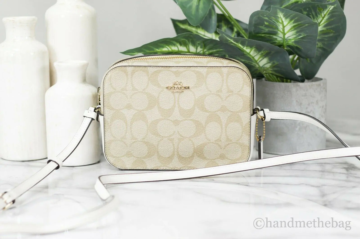 Coach (91677) Signature Light Khaki Chalk Leather Mini Camera Bag Crossbody Handbag