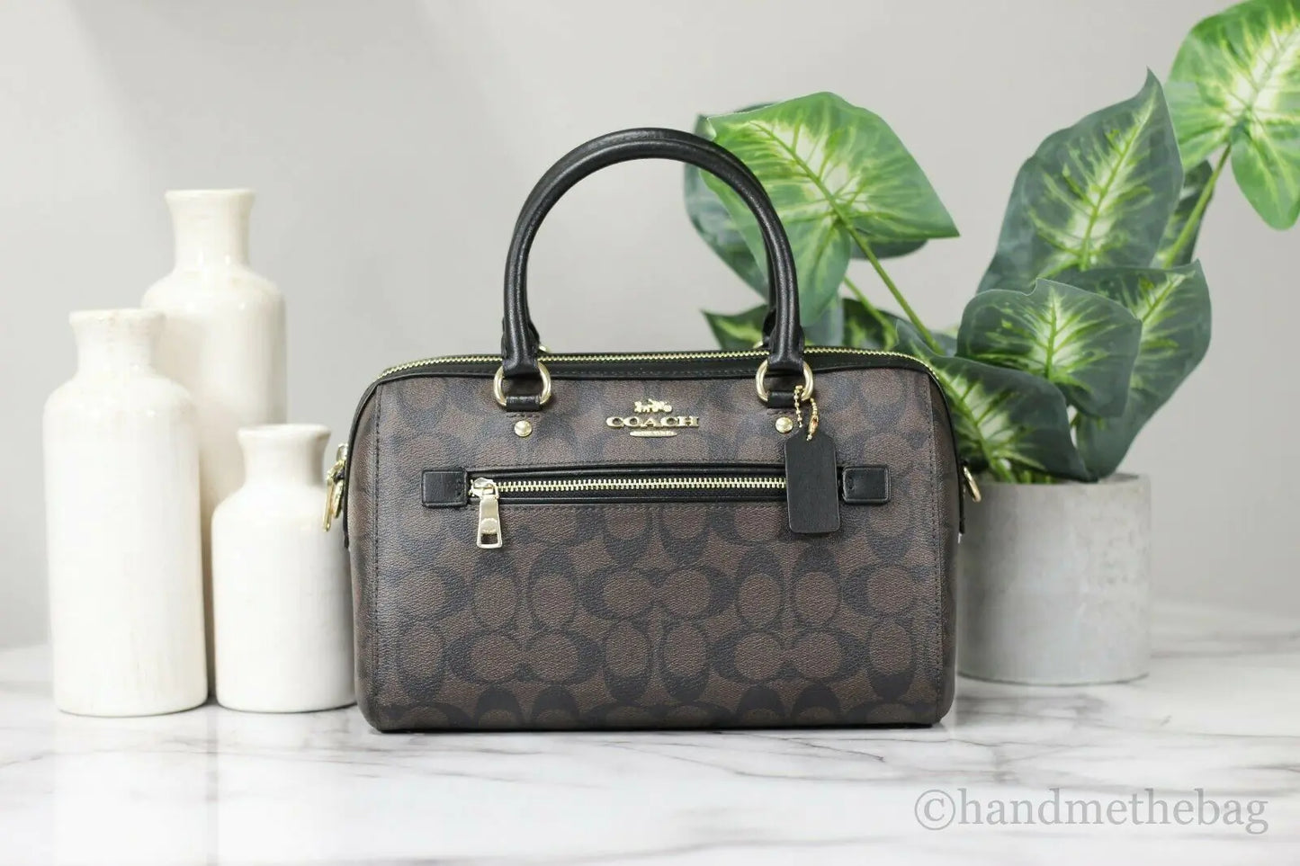 Coach (F83607) Rowan Brown Black Signature Leather Medium Satchel Handbag Purse