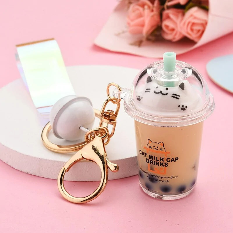 Cute Cat Pearl Milk Tea Cup Key Chain