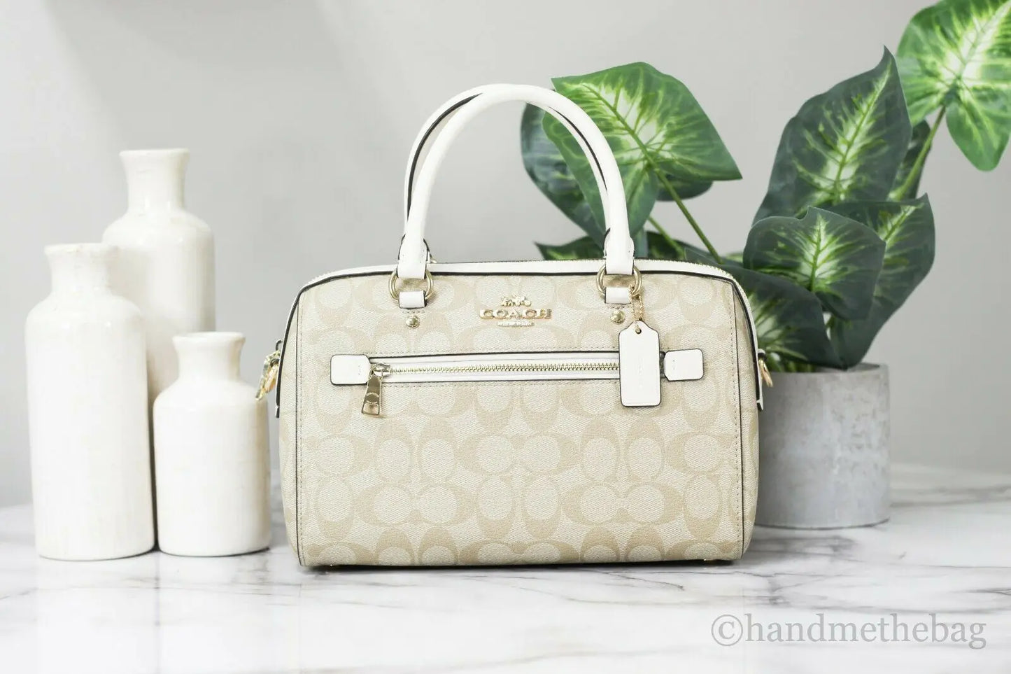 Coach (F83607) Rowan Signature Leather Light Khaki Chalk Medium Satchel Handbag Purse