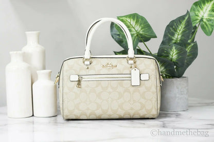 Coach (F83607) Rowan Signature Leather Light Khaki Chalk Medium Satchel Handbag Purse