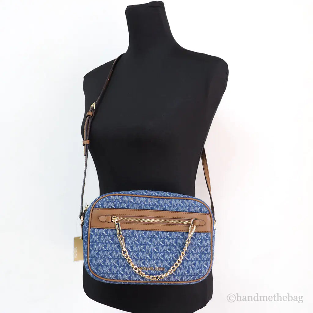 Michael Kors Jet Set East West Denim Signature Zip Chain Crossbody Bag Purse
