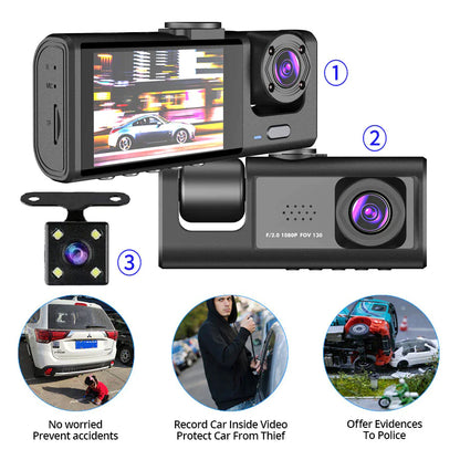 Car Dual Lens Dash Cam HD 1080P Front/Rear/Inside Video Recorder Camera G-Sensor