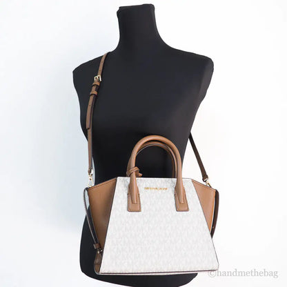 Michael Kors Avril Vanilla Signature PVC Leather Small Zip Satchel Handbag Purse