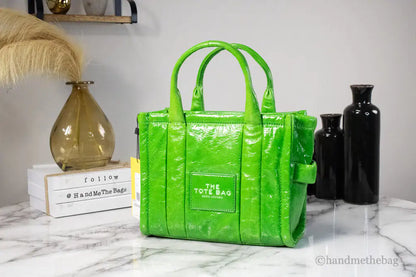 Marc Jacobs The Shiny Crinkle Mini Tote Fern Green Leather Crossbody Handbag Purse