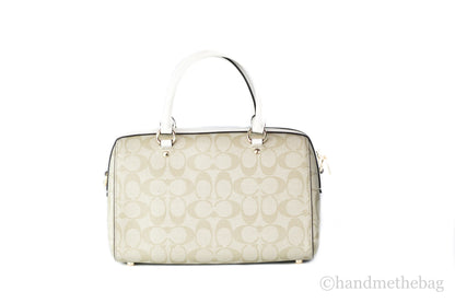 Coach (F83607) Rowan Signature Leather Light Khaki Chalk Medium Satchel Handbag Purse