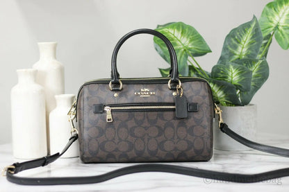 Coach (F83607) Rowan Brown Black Signature Leather Medium Satchel Handbag Purse