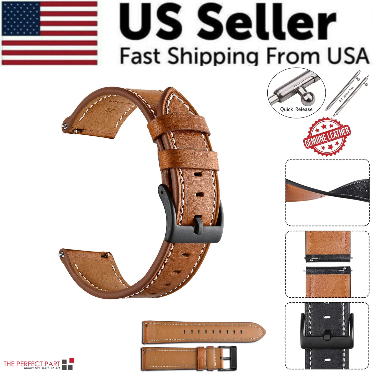 18mm 20mm 22mm Classic Genuine Leather Watch Band Strap Quick Release Wristband